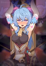 <3_eyes 2022 big_breasts blue_hair blush breasts censored clothed clothing everyday2 ganyu_(genshin_impact) genitals genshin_impact group hair heart hi_res hilichurls_(species) horn horned_humanoid humanoid mosaic_censoring nipple_outline penis solo_focus video_games