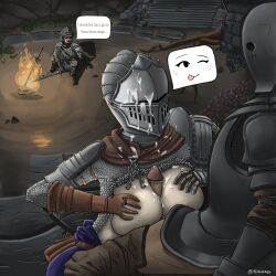 :p anri_of_astora armor ashen_one background background_character big_breasts blush bonfire boobjob chainmail cum cum_on_breasts cum_on_clothes cum_on_head cum_on_helmet dark_souls dark_souls_3 detailed_background fromsoftware frown grass happy_sex helmet horace_the_hushed knight knight_on_monster paizuri ring scar speaking stairs stone_wall sword text text_bubble tiimooner tree twitter_username watching