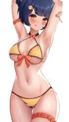 1girls 2022 amber_eyes armpits arms_up bikini bitseon blue_hair breasts female female_only genshin_impact gold_bikini hi_res hips large_breasts playful_smile shiny_skin short_hair simple_background slim_waist smile thighs wet wet_body white_background xiangling_(genshin_impact)