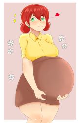 1girls :) big_breasts bloated_belly brown_skirt female female_only green_earrings green_eyes holding_belly light-skinned_female light_skin palitexx penny_(stardew_valley) pregnant pregnant_female red_hair skirt smile smiling smiling_at_viewer solo solo_female stardew_valley thick_thighs yellow_shirt