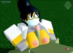 1boy 1girls 3d black_hair cum ejaculation_between_breasts heyits_aaron highres mask medic_(tds) opaque_glasses paizuri roblox roblox_game robloxian source_request surgical_mask tagme tower_defense_simulator