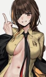 absurdres breasts brown_eyes brown_hair eyepatch female flipping_off girls'_frontline grin highres long_hair looking_at_viewer m16a1_(girls'_frontline) middle_finger multicolored_hair navel necktie orange_hair smile solo stomach two-tone_hair xanax025