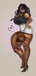 1futa alternate_version_at_source belt black_hair bulge bulge_down_leg clothed clothing erection erection_under_clothes erection_under_skirt full-package_futanari futa_only futanari gigantic_penis hand_on_breast hand_on_hip high_heels horsecock huge_balls huge_breasts huge_cock miniskirt pantyhose penis_in_pantyhose penis_to_the_knees penis_under_clothes ripped_clothing robot shindortes small_waist smile smug solo_focus tan_body valkyrey vein wide_hips