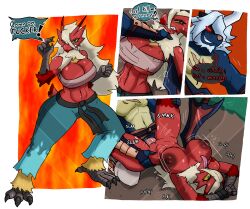 abstract_background akujin_the_oni_samurott alpha_channel anthro armor asian_clothing asphyxiation bandaged_chest blaziken blonde_female bouncing_breasts bound breasts chest_wraps choking claws clothing dialogue diamond_grenadier duo east_asian_clothing female forced hand_on_hip hand_on_leg hand_on_neck hands_tied hi_res hisuian_form hisuian_samurott instant_loss_2koma japanese_clothing karate_belt karate_pants male male/female melee_weapon meme nintendo pokémorph pokemon pokemon_(species) red_eyes regional_form_(pokémon) samurott sex shiny_pokémon speech_bubble sword sword_in_ground talon_hands talons tongue tongue_out vaginal_penetration video_games weapon