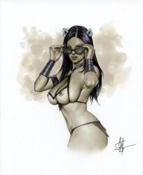 1girls alex_miranda batman_(series) big_breasts black_hair breasts cat_ears catwoman dc dc_comics female female_only glasses huge_breasts long_hair nipples solo sunglasses