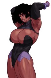 1girls arm_gloves arms_up black_hair dark-skinned_female dark_skin female female_only gift_art huge_breasts looking_at_viewer muscular muscular_female muscular_thighs narrowed_eyes red_eyes side_view solo solo_female sotcho very_high_resolution white_background