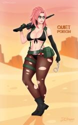 1girls bikini blue_eyes boots crossover_cosplay dante-grapes female female_only final_fight gloves gun huge_breasts metal_gear_solid pantyhose pink_hair poison_(final_fight) quiet_(metal_gear)_(cosplay) rifle solo