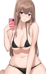 1girls 2020 azur_lane bikini black_bikini blush breasts cellphone female female female_focus female_only highres holding holding_phone knatb large_breasts long_hair looking_at_viewer mole mole_under_mouth phone ponytail red_eyes simple_background smartphone solo solo_female swiftsure_(azur_lane) swimsuit