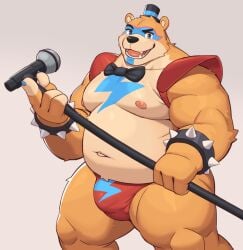 2022 4_fingers alternate_species anime_style anthro bear belly biceps big_belly blue_eyes blue_markings bow_tie bracelet brown_bear brown_body brown_fur bulge clothing fangs fingers five_nights_at_freddy's five_nights_at_freddy's:_security_breach fnaf fur furrification furry glamrock_freddy_(fnaf) grey_background hat headgear headwear jewelry kemono male male_only mammal markings microphone moki moobs multicolored_body multicolored_fur navel nipples open_mouth overweight overweight_male red_clothing red_thong red_underwear round_ears shoulder_pads simple_background smile solo spiked_bracelet spikes steel_wool_studios tan_body tan_fur thick_thighs thong top_hat two_tone_body two_tone_fur underwear ursid ursine video_games