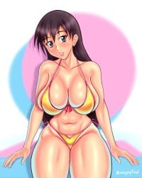 1girls 2022 assymptoad azumanga_daiou bikini black_eyes blush breasts brown_hair cleavage female g-string g-string_only highres huge_breasts long_hair sakaki side-tie_bikini sideboob sitting solo swimsuit thick_thighs very_long_hair wide_hips yellow_bikini yellow_swimsuit