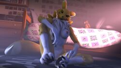 3d_(artwork) anthro bandai_namco bedroom closed_(disambiguation) digimon digimon_(species) digital_media_(artwork) female head_tilt hi_res nude paws renamon sitting solo