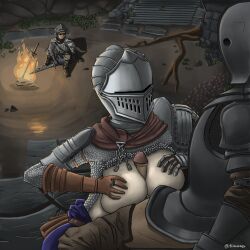 anri_of_astora armor ashen_one background background_character big_breasts bonfire boobjob chainmail dark_souls dark_souls_3 detailed_background fromsoftware frown grass helmet horace_the_hushed knight knight_on_monster penis ring scar stairs stone_wall sword tiimooner tree twitter_username watching