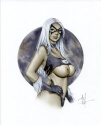 1girls alex_miranda bikini_bottom black_cat_(marvel) blue_eyes domino_mask felicia_hardy gloves huge_breasts long_hair marvel marvel_comics shirt_up spider-man_(series) voluptuous white_hair