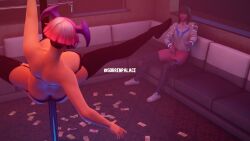 2girls 3d big_breasts black_hair blender calling callisto_(fortnite) fortnite fortnite:_battle_royale futanari harlowe_(fortnite) headphones imminent_sex lenses lingerie looking_at_another night_club penis_in_hand pink_hair pink_skin pole_dancing sorrenpalace war_zg