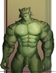 4_fingers abs absurd_res anthro biceps big_biceps big_muscles bottomless claws clothed clothing dark_nose felid feline fingers fur genitals green_body green_fur green_hair hair hi_res humanoid_genitalia humanoid_penis hybrid looking_at_viewer male male_only mammal mr.fu muscular muscular_male nipples nude onlybwg3 pantherine pecs penis pupils sharp_claws simple_background slit_pupils solo stripes tiger topless