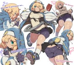 1boy ass big_ass big_butt blonde_hair blue_eyes bridget chris_(mario) dialogue english_text femboy fully_clothed guilty_gear guilty_gear_strive hood male_only multiple_views shorts solo solo_focus spandex_shorts text thick_thighs thighs trap white_background yo-yo