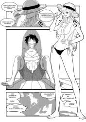 black_and_white black_hair comic comic_page elizagmfn female greyscale hat long_hair male monkey_d_luffy monochrome nami one_piece short_hair spanish_dialogue spanish_text straw_hat text topless topless_female