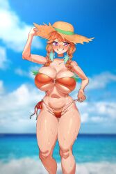 1girls bare_shoulders big_breasts bikini blonde_female blush breasts cleavage clothed clothing female female_only hat hololive hololive_english hololive_myth large_breasts looking_at_viewer makinakid navel orange_hair outdoors outside panties_pull purple_eyes sea seaside smile solo solo_female straw_hat tagme takanashi_kiara thick_thighs twintails virtual_youtuber voluptuous wet wide_hips