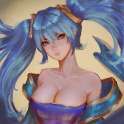 1girls blue_hair cleavage female female_only huge_breasts league_of_legends light-skinned_female painting_(artwork) raikoart sona_buvelle