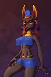 2022 5_fingers anthro anubis_(vkontakte) areola barely_visible_genitalia barely_visible_nipples barely_visible_pussy black_body black_fur black_nose brajitai breasts canid canine canis claws cleft_of_venus clothed clothing domestic_dog egyptian egyptian_clothing egyptian_headdress erect_nipples female fingers fur genitals hi_res looking_at_viewer mammal markings mole_(marking) navel nipples partially_clothed pussy red_eyes simple_background solo translucent translucent_clothing vkontakte yellow_claws