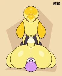 <1_second_video 2022 2d animal_crossing animated anthro anthro_only ass big_ass bubble_butt crossover dog isabelle_(animal_crossing) joaoppereiraus mario_(series) mp4 nintendo no_humans no_sound purple_yoshi purple_yoshi_draws sitting_on_person size_difference tagme video yoshi