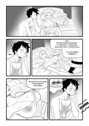 black_and_white black_hair closed_eyes comic comic_page elizagmfn female greyscale hat long_hair male monkey_d_luffy monochrome nami nipples_visible_through_clothing one_piece short_hair sleeping spanish_dialogue spanish_text straw_hat text