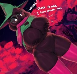 2022 anthro areola bovid breasts caprine clothing colored deltarune dialogue digital_media_(artwork) english_text eyebrows eyewear fat female female_ralsei front_view genitals glasses hat headgear headwear hi_res implied_transformation legwear looking_at_viewer mammal mtf_crossgender mtf_transformation nipples post_transformation pussy ralsei ralsei_with_black_fur rule_63 solo text thousandfoldfeathers undertale_(series) url video_games