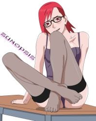 1girls almost_naked barely_clothed boruto:_naruto_next_generations breasts crossed_legs desk feet female female_only glasses lingerie looking_at_viewer matching_hair/eyes mostly_nude naruto naruto_(series) on_desk open_mouth open_smile panties red_eyes red_hair sidecut sitting solo solo_focus stockings uzumaki_karin zunopziz