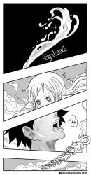 black_and_white blowjob comic comic_page cum cum_in_mouth deepthroat elizagmfn fellatio female greyscale implied_deepthroat implied_oral male monkey_d_luffy nami one_piece oral orgasm spanish_dialogue spanish_text straw_hat topless topless_female