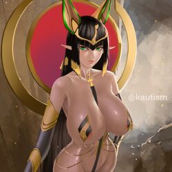 1girls areolae armwear big_breasts black_hair blunt_bangs breasts dark-skinned_female dark_skin egyptian elf_ears female female_only green_eyes huge_breasts kautism last_origin light-skinned_female light_skin long_hair pointy_ears sekhmet_of_death skimpy skimpy_clothes solo solo_female thick_thighs thighs