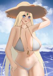 1girls big_breasts bikini bikini_bottom bikini_top blonde_female blonde_hair blue_eyes blush breasts cerestia_of_life cleavage elf_ears female female_only goddess hair hat headwear huge_breasts kautism last_origin light-skinned_female light_skin long_hair mature mature_female mature_woman milf open_mouth pointy_ears solo solo_female sunhat swimsuit swimwear thick_thighs thighs white_bikini