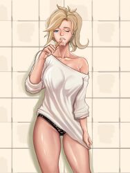 1girls big_breasts blizzard_entertainment blonde_female blonde_hair brushing_teeth casual female female_only light-skinned_female mercy overwatch panties shirt_only thick_thighs umigraphics