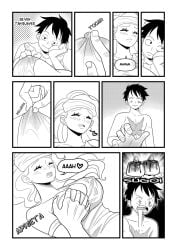 1boy 1girls black_and_white black_hair comic comic_page elizagmfn female greyscale groping male monkey_d_luffy monochrome nami one_piece open_mouth spanish_dialogue spanish_text