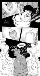 black_and_white comic comic_page elizagmfn fellatio female greyscale licking_penis male monkey_d_luffy nami one_piece spanish_dialogue spanish_text straw_hat topless topless_female