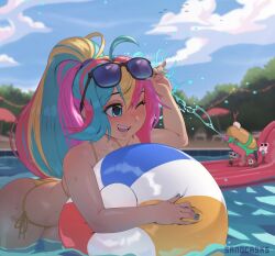 big_butt bikini blue_nails character_request female multicolored_hair nail_polish one_eye_closed painted_nails ponytail sandcavern swimsuit tagme