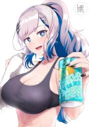 1girls big_breasts blue_eyes blue_hair cleavage female female_focus hololive hololive_indonesia landacdeus muscle pavolia_reine silver_hair smile sports_bra sportswear sweating virtual_youtuber