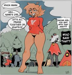 anthro big_breasts blonde_female boxx_wrench breasts canine caprine clothed clothing cult_of_the_lamb dialogue english_text female follower_(cult_of_the_lamb) giri_(boxx_wrench) lamb_(cult_of_the_lamb) red_crown_(cult_of_the_lamb) sheep solo_focus tagme text wolf