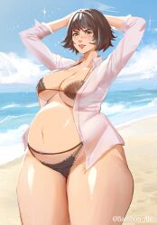 absurd_res arms_up bamboo_ale beach big_breasts bikini black_bikini black_hair blush cleavage devil_may_cry facial_scar female female_only heterochromia hi_res lace-trimmed_bikini lady_(devil_may_cry) looking_at_viewer open_shirt pregnant scar short_hair solo swimsuit thick_thighs thunder_thighs underboob very_high_resolution wide_hips