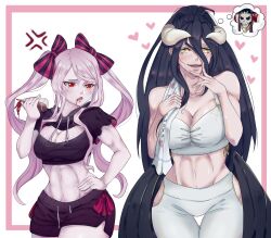 2girls abs ainz_ooal_gown albedo_(overlord) annoyed ass big_breasts black_hair blonde_female blush bow bow_tie bowtie breasts darkrobbe1 demon demon_girl drinking_blood fangs female female_only goat_horns heart hearts_around_head hi_res horn horns hourglass_figure light-skinned_female light_skin long_hair medium_breasts open_mouth overlord_(maruyama) pink_hair ponytail ponytails red_eyes shalltear_bloodfallen shorts simple_background skull sports_bra succubus succubus_horns succubus_wings thick_thighs thought_bubble towel twintails vampire white_background wings yellow_eyes