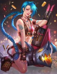 1girls armwear belt blue_hair fan_yang female female_only firearm footwear handwear human jinx_(league_of_legends) kneeling league_of_legends light-skinned_female midriff painting_(artwork) pale_skin thick_thighs tongue_out weapon