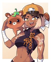 animal_girl big_breasts blonde_female breasts brown_hair daigada dark-skinned_female ear_piercing female j5daigada navel pointy_ears raccoon_dog tagme tanuki yellow_eyes