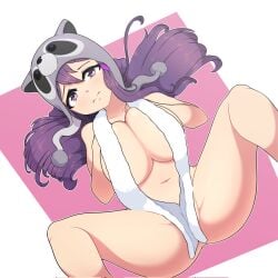 1girls big_breasts blush blushing_at_viewer breasts covered_nipples covered_pussy cute_face doki_doki_literature_club female female_focus female_only gametimeasia hairclip hat huge_breasts legs_spread long_hair looking_at_viewer nervous purple_eyes purple_hair raccoon shy thick_thighs thighs towel yuri_(doki_doki_literature_club)