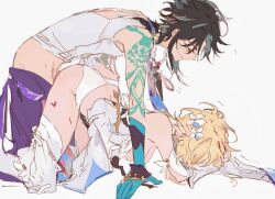 anal blonde_female blonde_hair burying_face clothed_sex doggy_style flower_in_hair genshin_impact hengyuanzhixing lumine_(genshin_impact) male_and_female_focus penetration_from_behind straight tattoo tattooed_arm xiao_(genshin_impact)