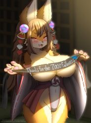 anthro big_breasts blonde_female breasts faroula_twitt female fox fox_ears fox_girl fox_humanoid furry hair_ornament indoors shiny_eyes shrine tagme