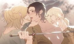 1girls 2boys big_breasts blonde_male clothing d_beholder_of_death d_hunter_of_the_dead elden_ring female fromsoftware grindedore hugging hugging_from_behind kissing light-skinned_female shirt_pull sorcerer_rogier