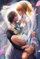 1boy 1girls blonde_hair blue_eyes dress_lift fan_yang female female_focus final_fantasy final_fantasy_xv groping light-skinned_female looking_at_another lunafreya_nox_fleuret noctis_lucis_caelum painting_(artwork) romantic stockings thick_thighs wholesome