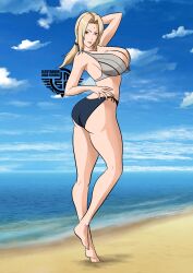 1girls adapted_costume ass barefoot big_breasts bikini blonde_female blonde_hair breasts brown_eyes cleavage female female_only from_behind joao_segura looking_at_viewer looking_back mature mature_female mature_woman naruto naruto_(series) naruto_shippuden ocean outdoors seaside shore sideboob solo solo_focus swimsuit tied_hair tsunade twintails voluptuous water