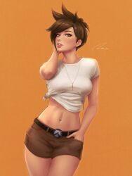 big_breasts blizzard_entertainment casual female female_only light-skinned_female midriff midriff_baring_shirt navel overwatch shirt_lift short_shorts tied_shirt tracer umigraphics