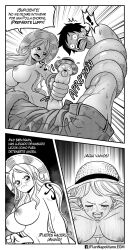 black_and_white comic comic_page elizagmfn female grabbing_penis greyscale imminent_fellatio imminent_oral male monkey_d_luffy nami one_piece penis penis_hold spanish_dialogue spanish_text straw_hat text topless topless_female