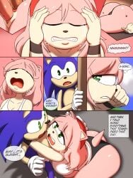 amy_rose anal anthro ass big_butt blue_body blue_fur bodily_fluids clothed clothing comic crying duo eulipotyphlan female fur green_eyes hedgehog hi_res male male/female mammal pink_body pink_fur sad sega sex shirt skimpy sonic_(series) sonic_the_hedgehog sonic_the_hedgehog_(series) tank_top tears text topwear vaginal_penetration zaviel